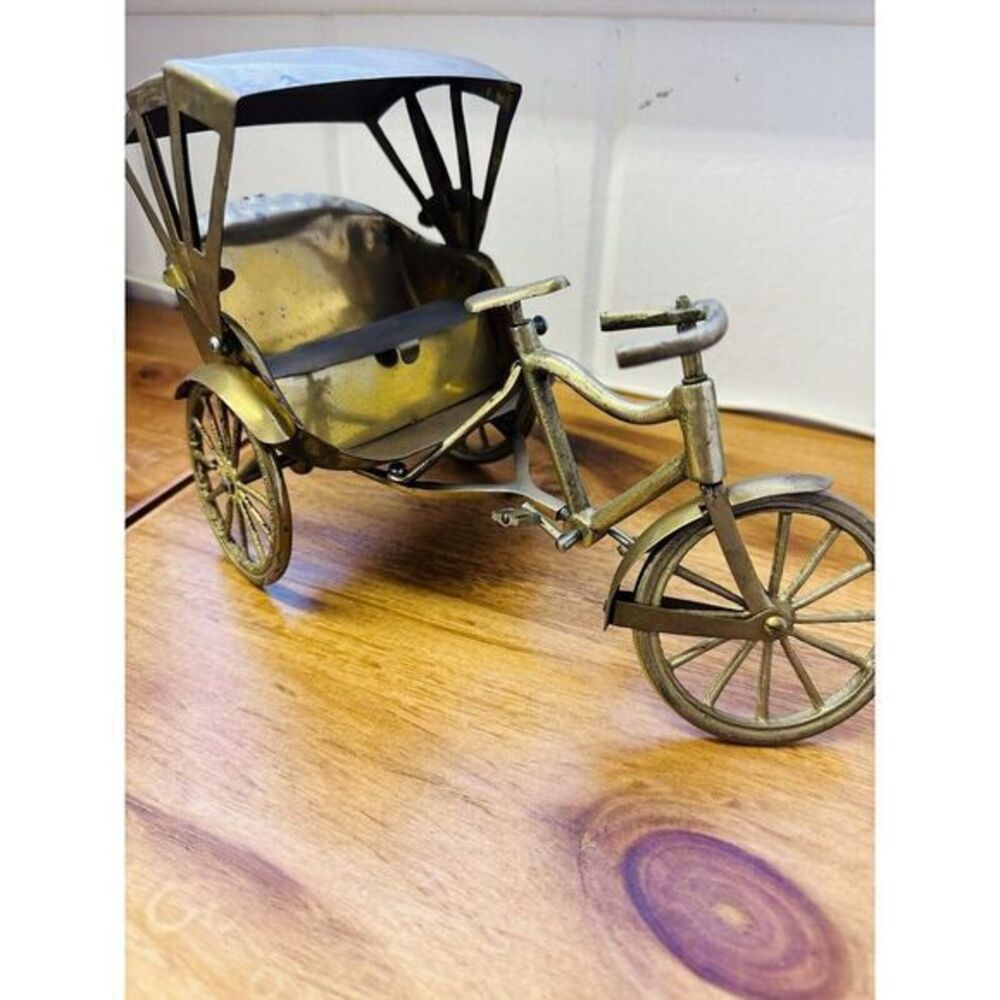 Vintage Rickshaw Tricycle Folding Top Brass Working Wheels And Pedals See Photos